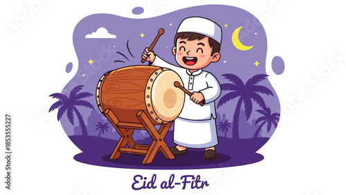 Happy Muslim Boy Playing Traditional Bedug Drum for Eid al-Fitr Celebration.