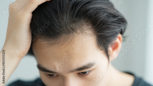 薄毛を気にして頭を触る男性、鏡の前での悩みと不安