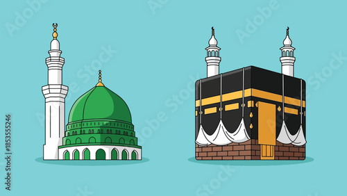 Iconic Islamic Holy Sites - Kaaba in Mecca and Green Dome of Prophets Mosque in Medina.