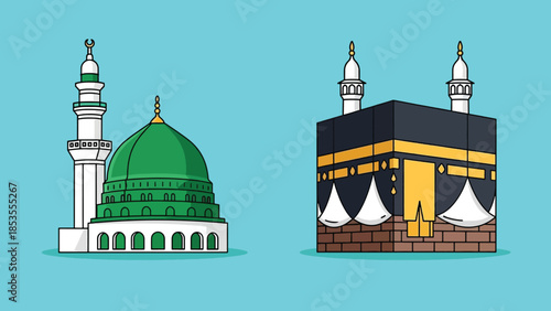 Iconic Islamic Holy Sites - Prophets Mosque Green Dome and Kaaba Illustration.