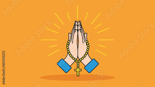 Illustrated praying hands holding a rosary with a Christian cross, symbolizing faith and devotion.