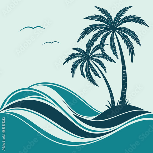 Tropical Island with Palm Trees and Waves Beach Paradise Illustration