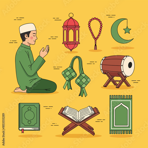 Islamic Ramadan and Eid al-Fitr religious symbols collection with praying man.