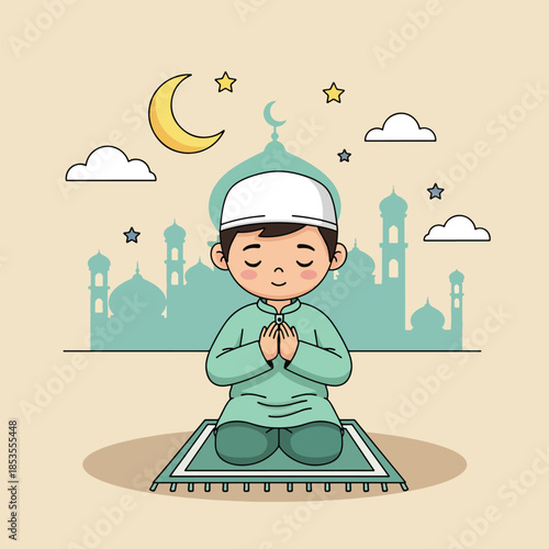 Young Muslim boy praying on mat with mosque silhouette, moon, and stars.