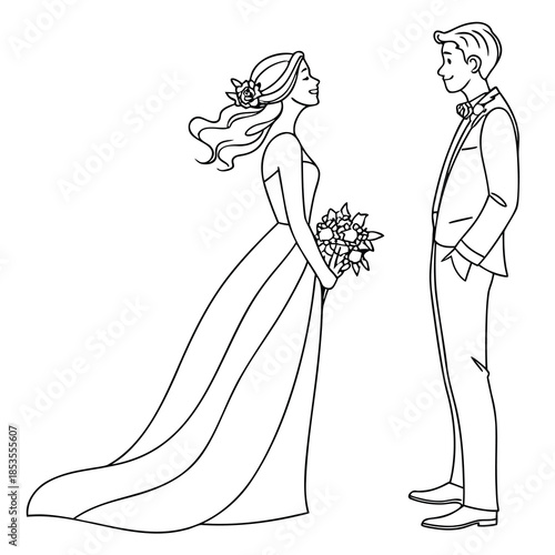 Wedding Couple Illustration Bride Holding Bouquet Groom Formal Attire