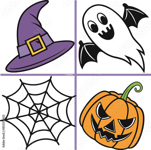 Whimsical Halloween Illustrations Featuring Witch Hat Ghost Spider Web and JackoLantern
