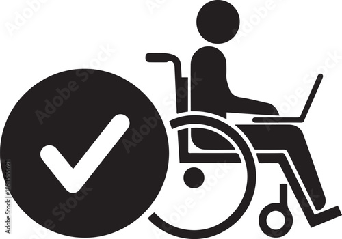 Icon of a person in a wheelchair with a laptop next to a large checkmark disability