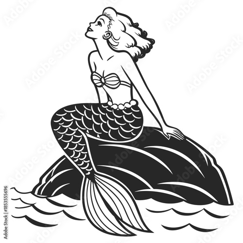 Whimsical Mermaid Illustration Sitting on Rock in Ocean Scene