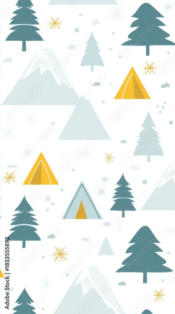 Obraz premium Seamless organic nature pattern featuring majestic mountains and vibrant forest trees landscape design.