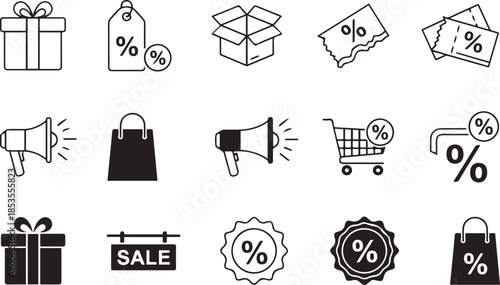Shopping And Sale Icons Set With Gifts Tags Boxes And Megaphones discount percentage