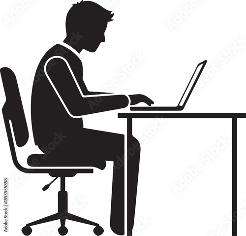 Silhouette of a man working on a laptop at a desk in an office chair person