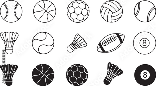 Sports Balls and Equipment Icons Set Vector Graphics Keywords: sports, ball, equipment, baseball, basketball