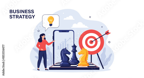 Business strategy concept showing a woman with a smartphone app, a chessboard, and a target to illustrate strategic online planning.