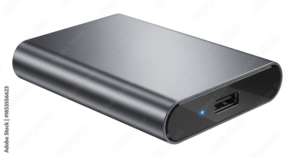 Fototapeta premium Modern sleek external hard drive isolated on transparent background, showcasing its metallic finish and USB port, viewed from an angle