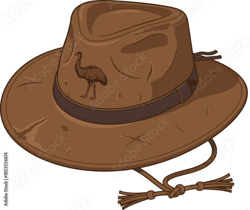 Brown Cowboy Hat With Emu Silhouette And Leather Band On White Background brown hat leather hat