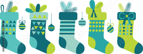 Hand drawn vector illustration of a happy family celebrating Christmas with stockings and flowers on an abstract background