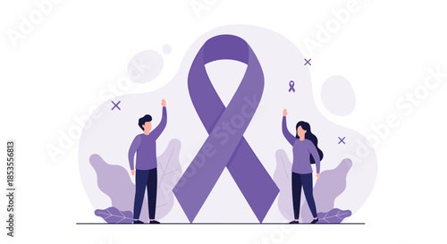 People standing next to a large purple ribbon, symbolizing awareness and support for causes like epilepsy, Alzheimer's, and cancer.