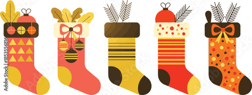 Hand drawn vector illustration of a festive Christmas stocking with colorful candles and an Easter egg decoration