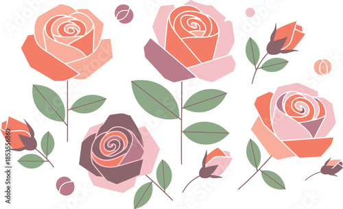 A beautiful collection of geometric roses and buds illustrated in soft pastel colors