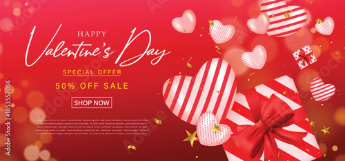 3d Valentine's Day Sale Banner with Red Background, Heart Decorations, Gift Boxes, Gold Confetti, and Promotional Text