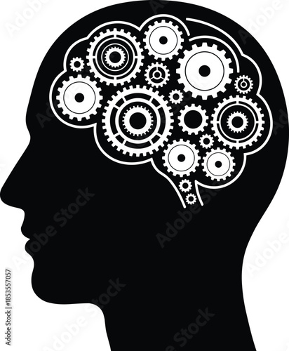 Silhouette of human head filled with interconnected gears and cogs brain