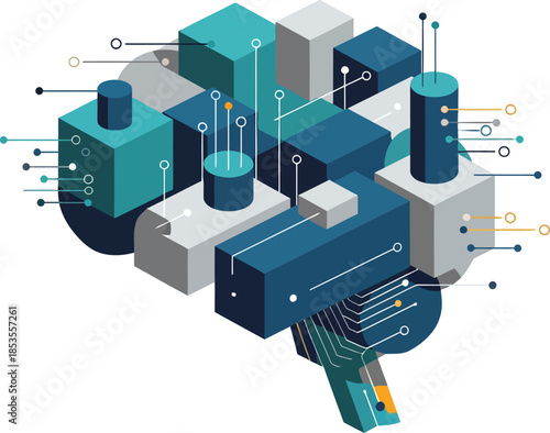 Isometric  vector illustration of a computer circuit board designed as an urban city architecture with office buildings and factory construction for a business technology network