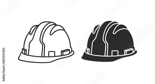 Two construction helmets one white outline and one black fill are displayed side by side silhouette