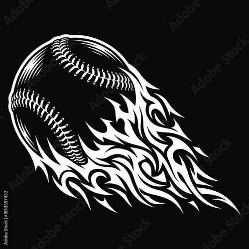 White baseball with tribal flames design on black background sports game