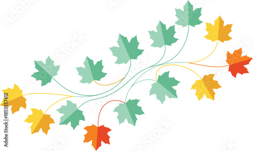 Flat design illustration of autumn leaves changing color on a white background