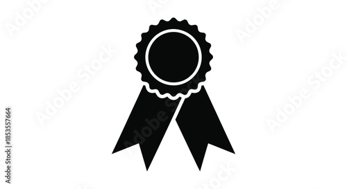 A striking black and white image depicts a detailed award ribbon in a bold silhouette