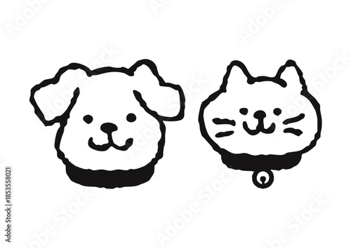 Cute dog and cat face line art illustration set, coloring page, black and white outline