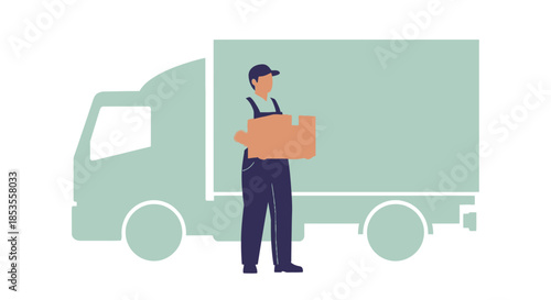 Delivery man holding a box next to a truck.