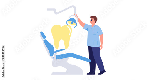 Dentist with giant tooth and dental chair, dental care concept.