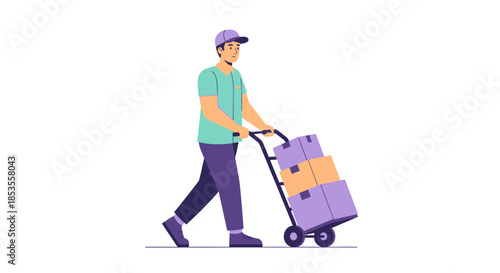 Delivery man pushing a hand truck with packages.