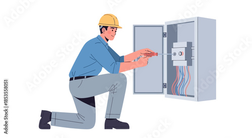 Electrician working on electrical panel with wires and circuit breakers.