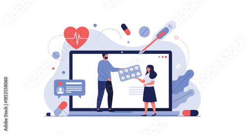 Online pharmacy and telemedicine concept with a doctor on a laptop screen providing a patient with a prescription for medicine.