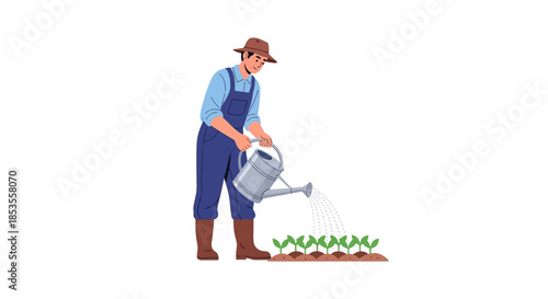 Farmer watering young plants in a garden with a watering can.