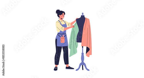 Fashion designer working on a mannequin with colorful fabrics.