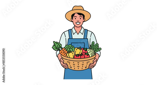 Farmer holding a basket full of fresh vegetables and fruits.