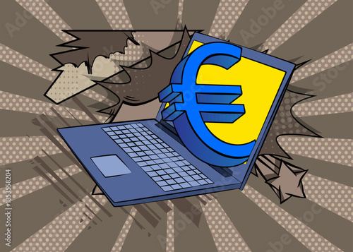 Cartoon Laptop, comic book Notebook with Euro Sign. Retro vector comics pop art design.