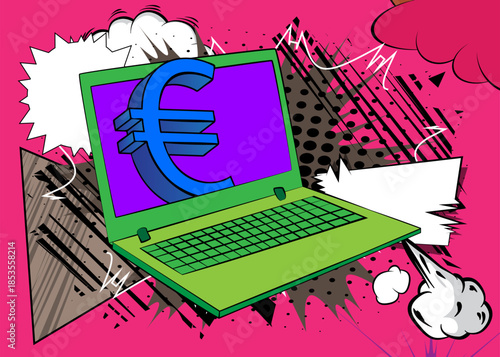 Cartoon Laptop, comic book Notebook with Euro Sign. Retro vector comics pop art design.