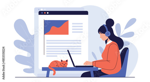 Woman with headphones working or studying from home on her laptop, with her pet cat sleeping peacefully on the desk nearby.
