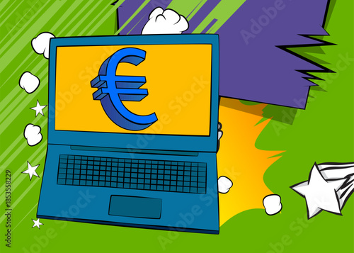 Cartoon Laptop, comic book Notebook with Euro Sign. Retro vector comics pop art design.