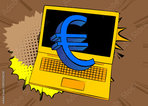 Cartoon Laptop, comic book Notebook with Euro Sign. Retro vector comics pop art design.