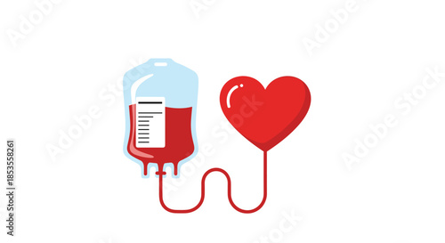 Blood donation concept showing a blood bag connected to a red heart, symbolizing life-saving charity and medical volunteerism.