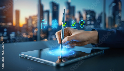 Digital Signature on Tablet with Cityscape Background.