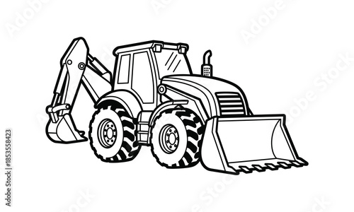 Backhoe loader and front loader on white background with black outline