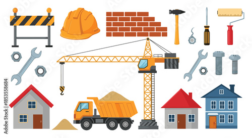 Construction and building industry icon set with a crane, dump truck, houses, tools, and materials like bricks and a hard hat.