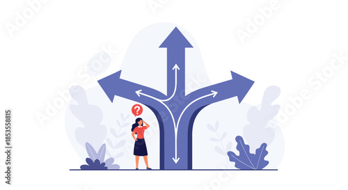 Confused woman standing at a crossroads with multiple arrows pointing in different directions, symbolizing choice, decision-making, and uncertainty.