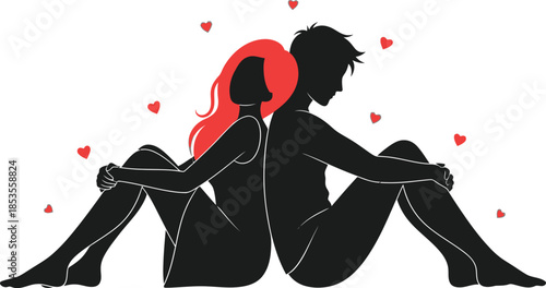 Loving couple sitting together with hearts around them in love